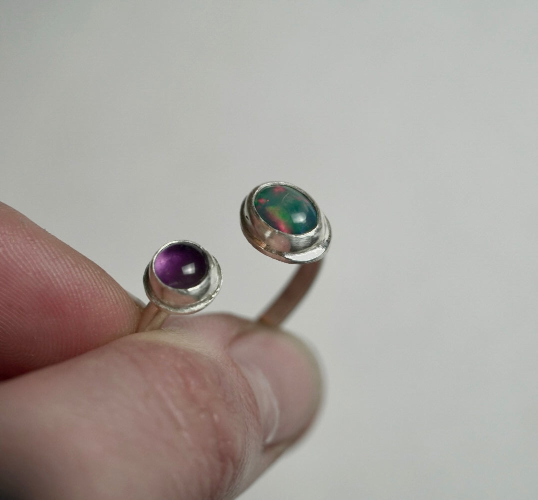 Sterling Silver Blue Australian Boulder Opal & Amethyst Open Ring