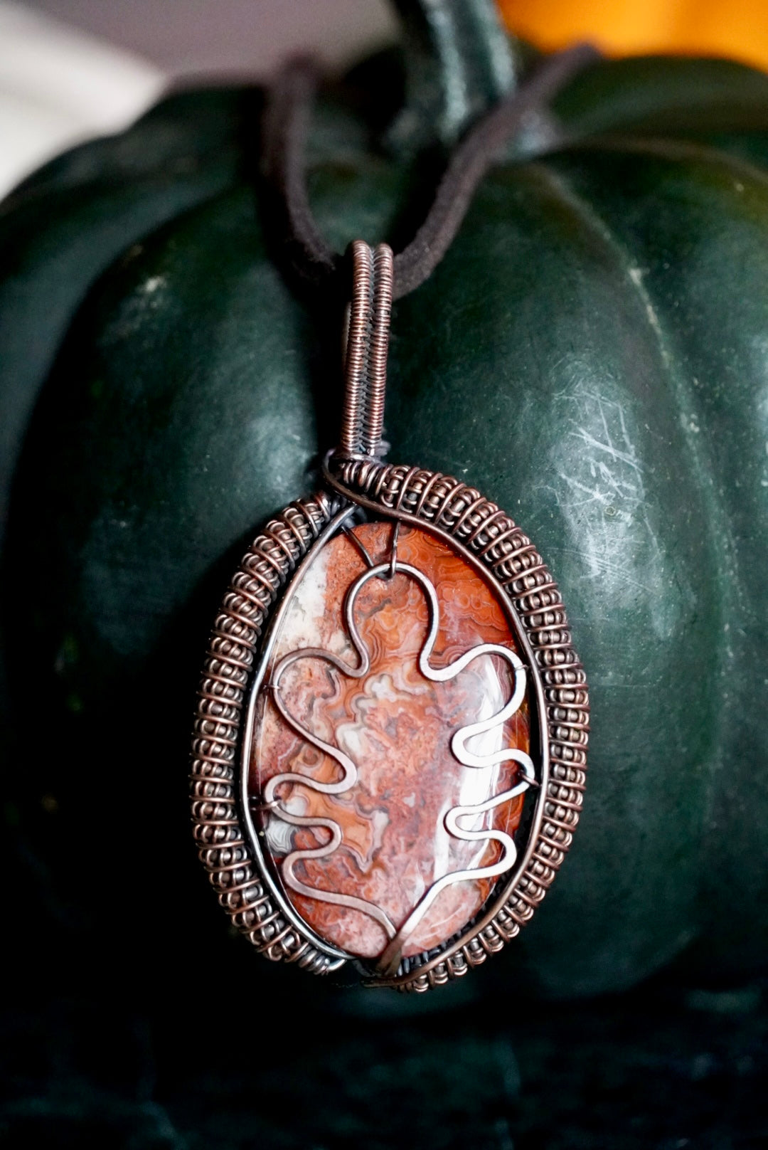 Crazy Lace Agate Oak Leaf Pendant