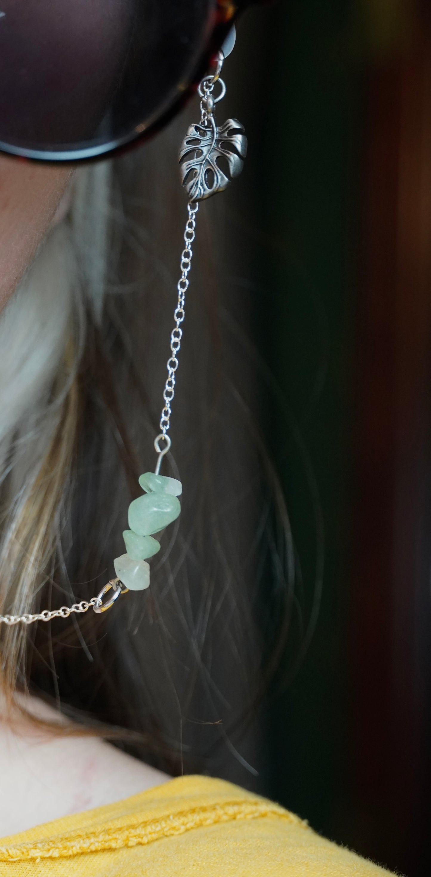 Monstera & Green Aventurnie Silver Eye Chains
