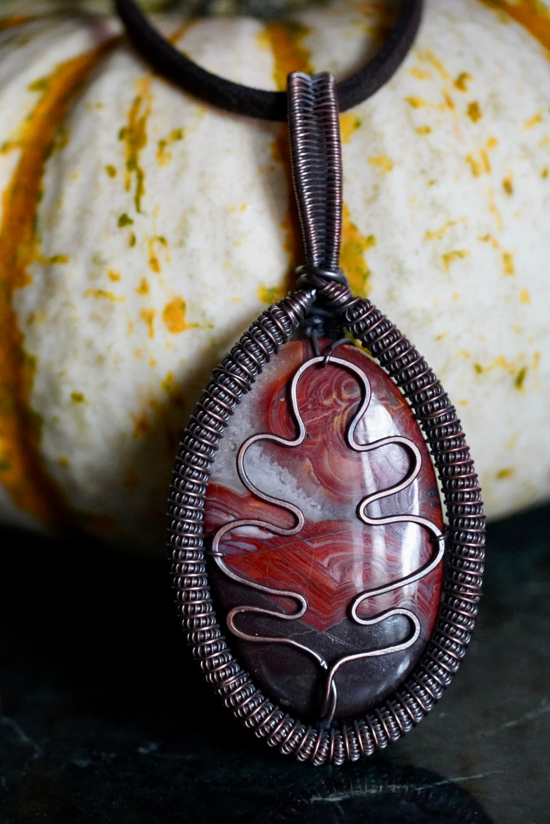 Crazy Lace Agate Oak Leaf Pendant