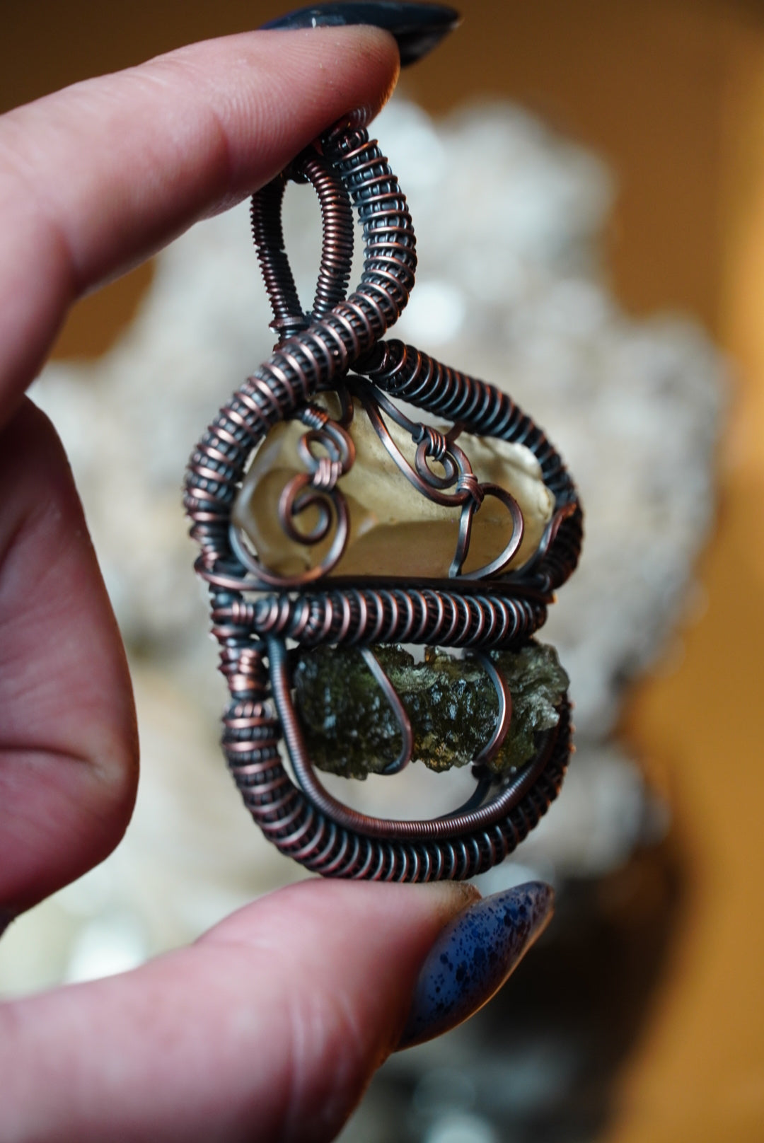 Moldavite & Libyan Desert Glass Pendant in Oxidized Copper