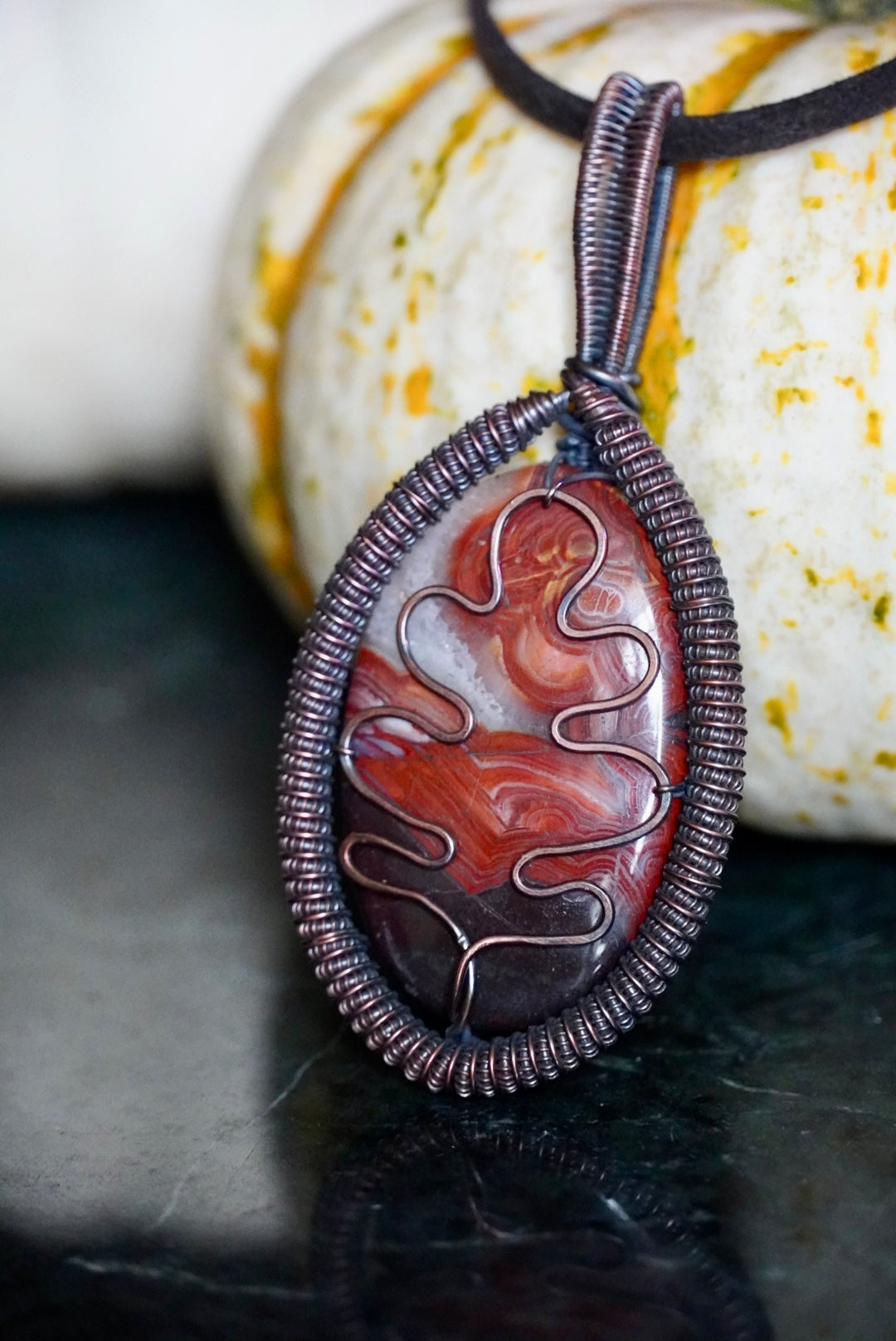 Crazy Lace Agate Oak Leaf Pendant