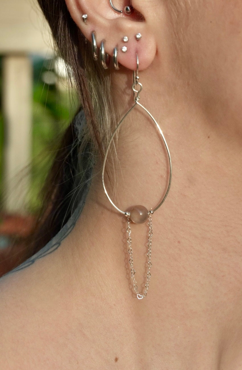 Heart Chain Peach Moonstone Earrings in Sterling Silver