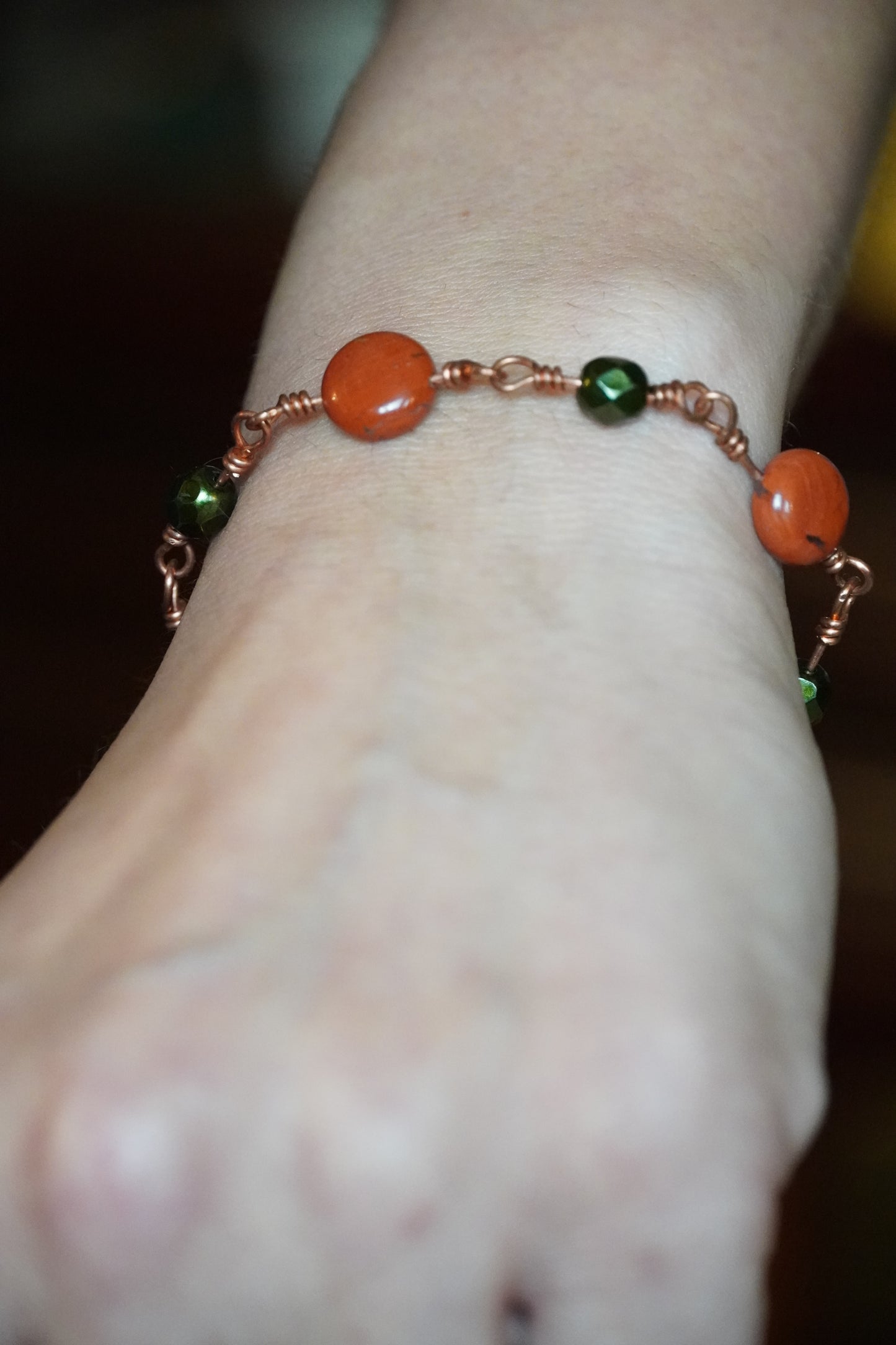Red Jasper & Green Glass Bead Copper Bracelet