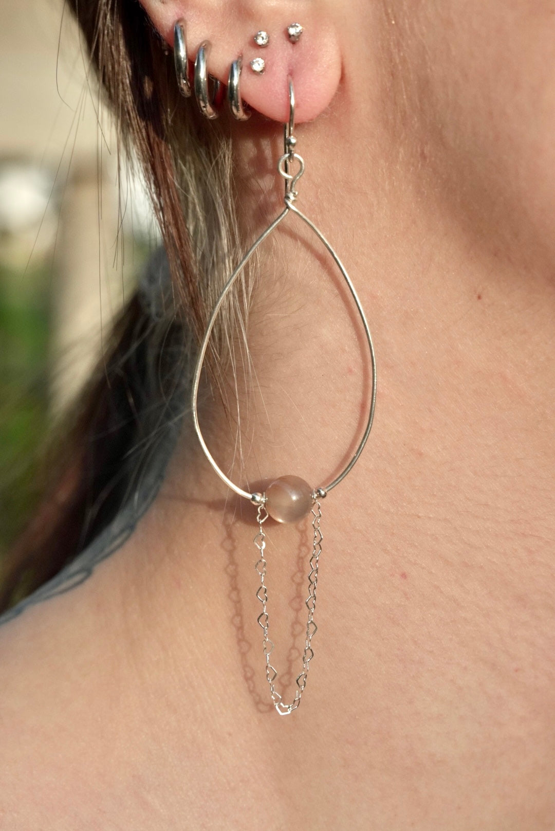 Heart Chain Peach Moonstone Earrings in Sterling Silver