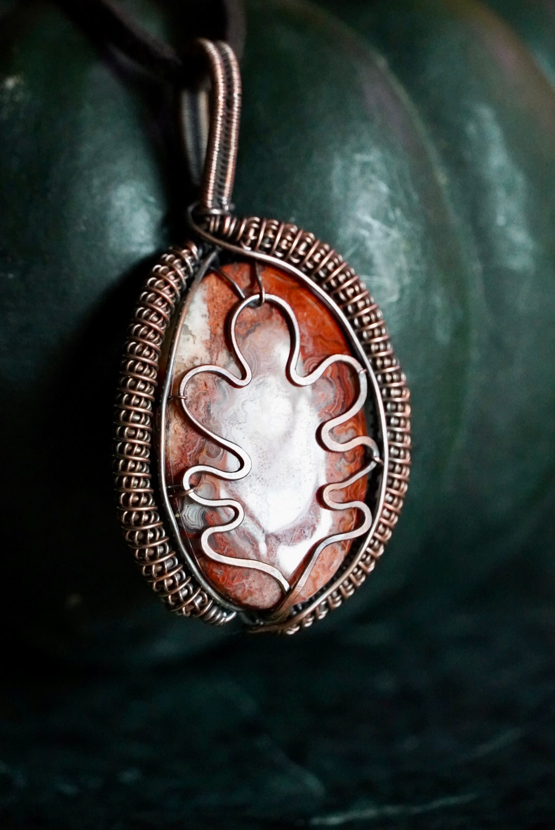 Crazy Lace Agate Oak Leaf Pendant