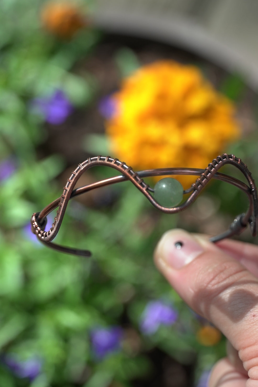 Green Aventurine Weaved Copper Bangle