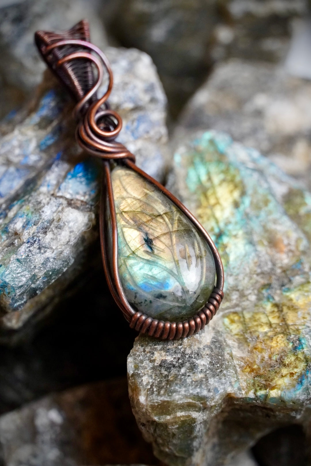 Carved Labradorite Copper Pendant