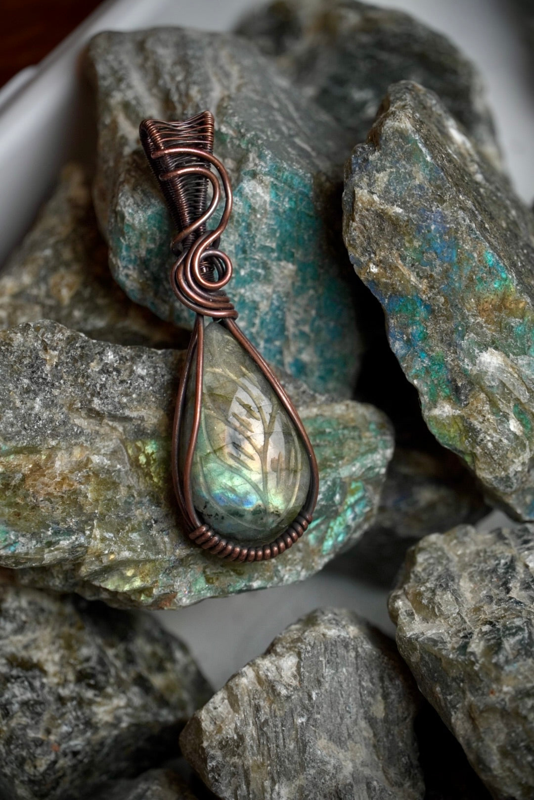 Carved Labradorite Copper Pendant