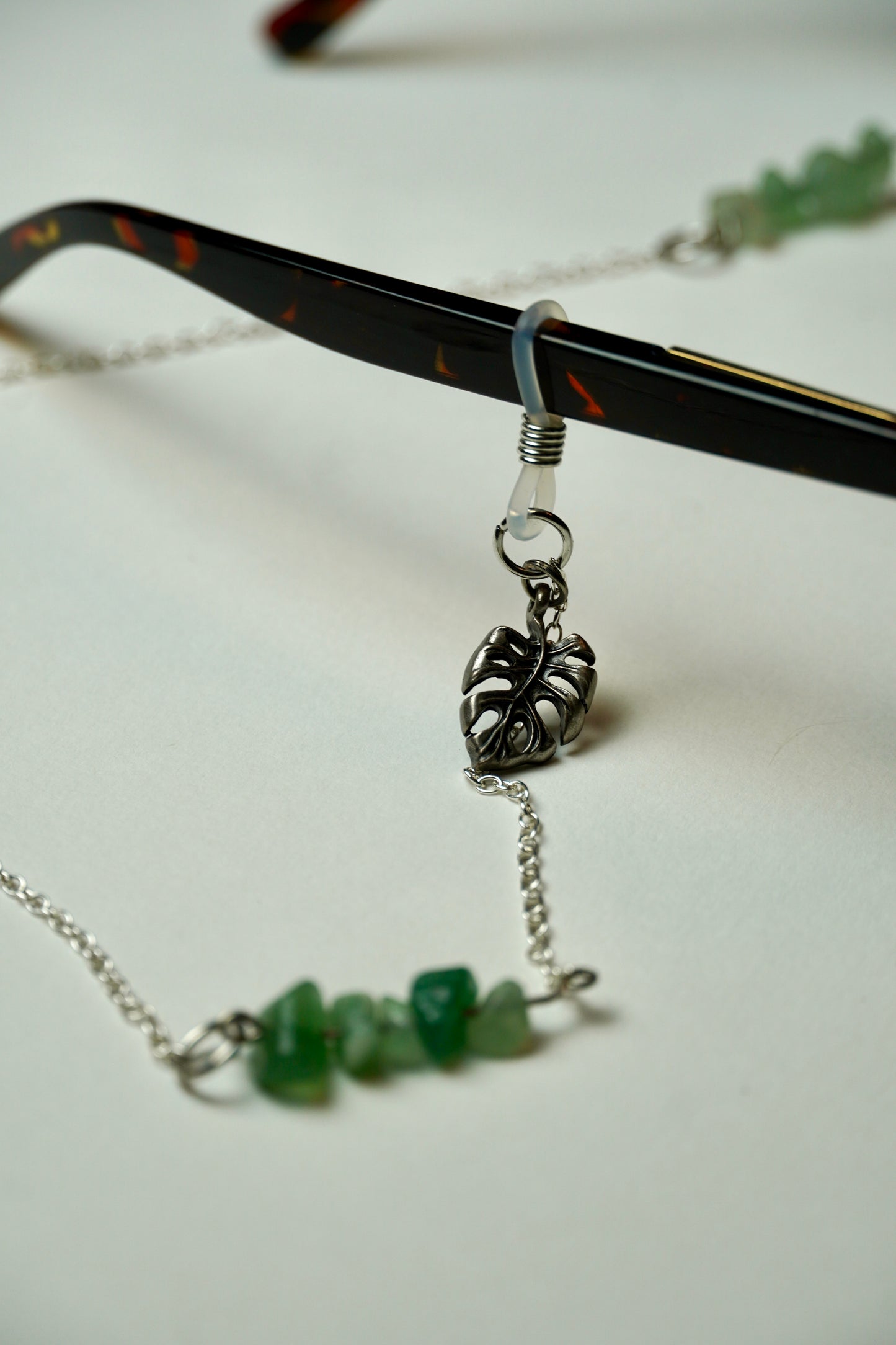 Monstera & Green Aventurnie Silver Eye Chains