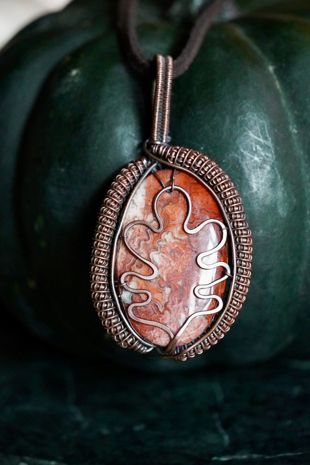 Crazy Lace Agate Oak Leaf Pendant