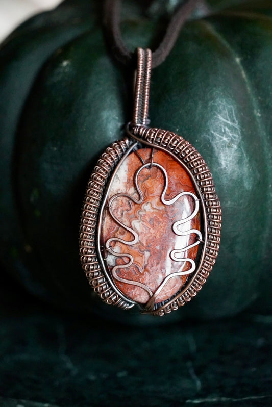 Crazy Lace Agate Oak Leaf Pendant
