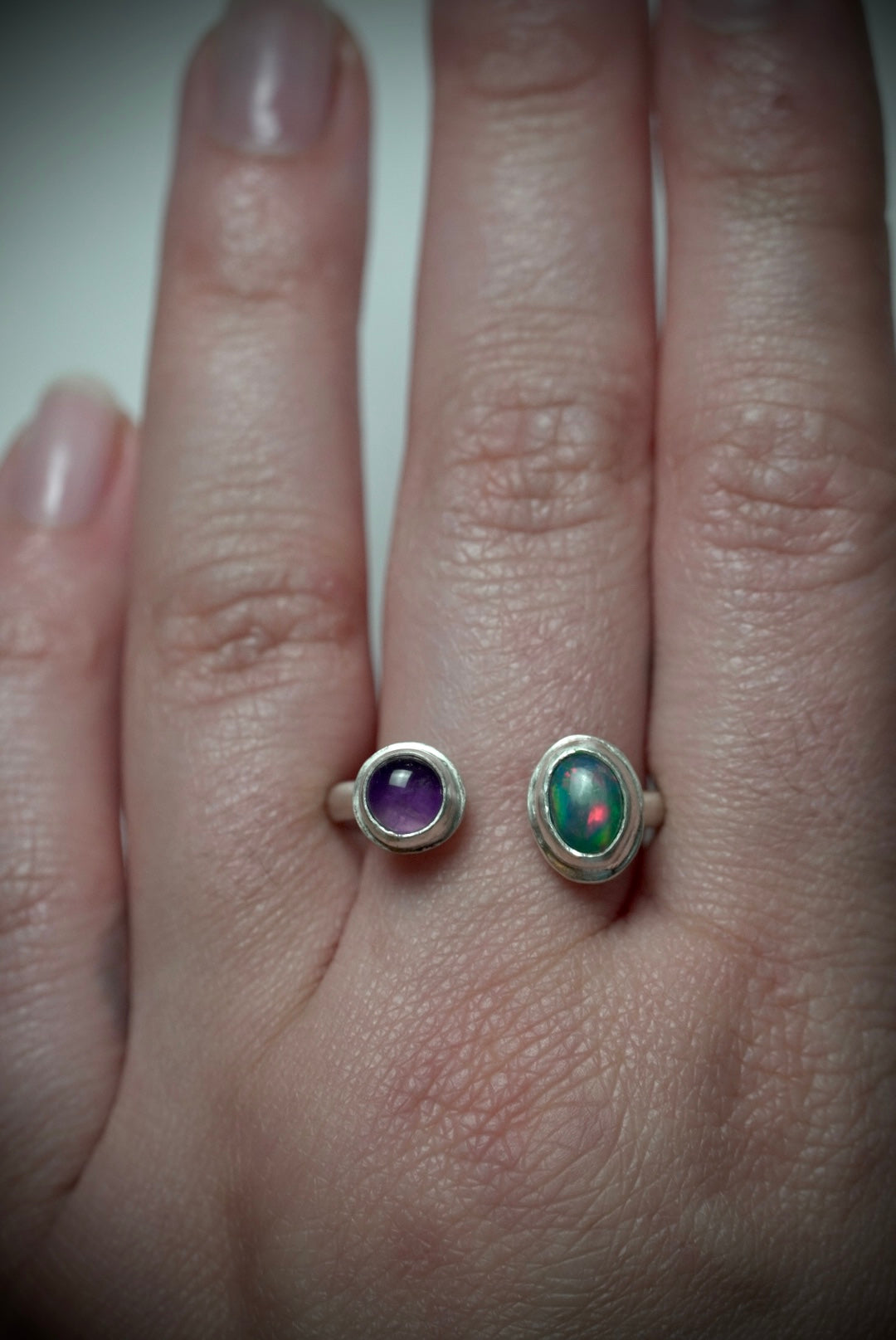 Sterling Silver Blue Australian Boulder Opal & Amethyst Open Ring