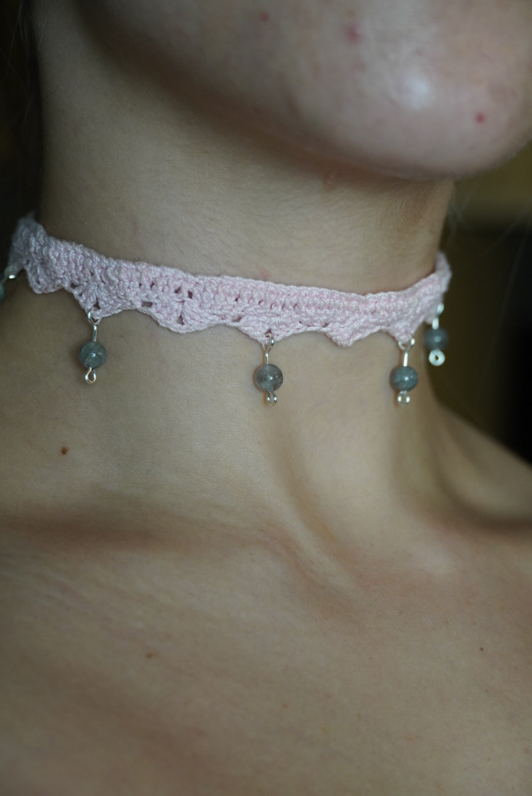 Pink Labradorite Lace Crochet Choker