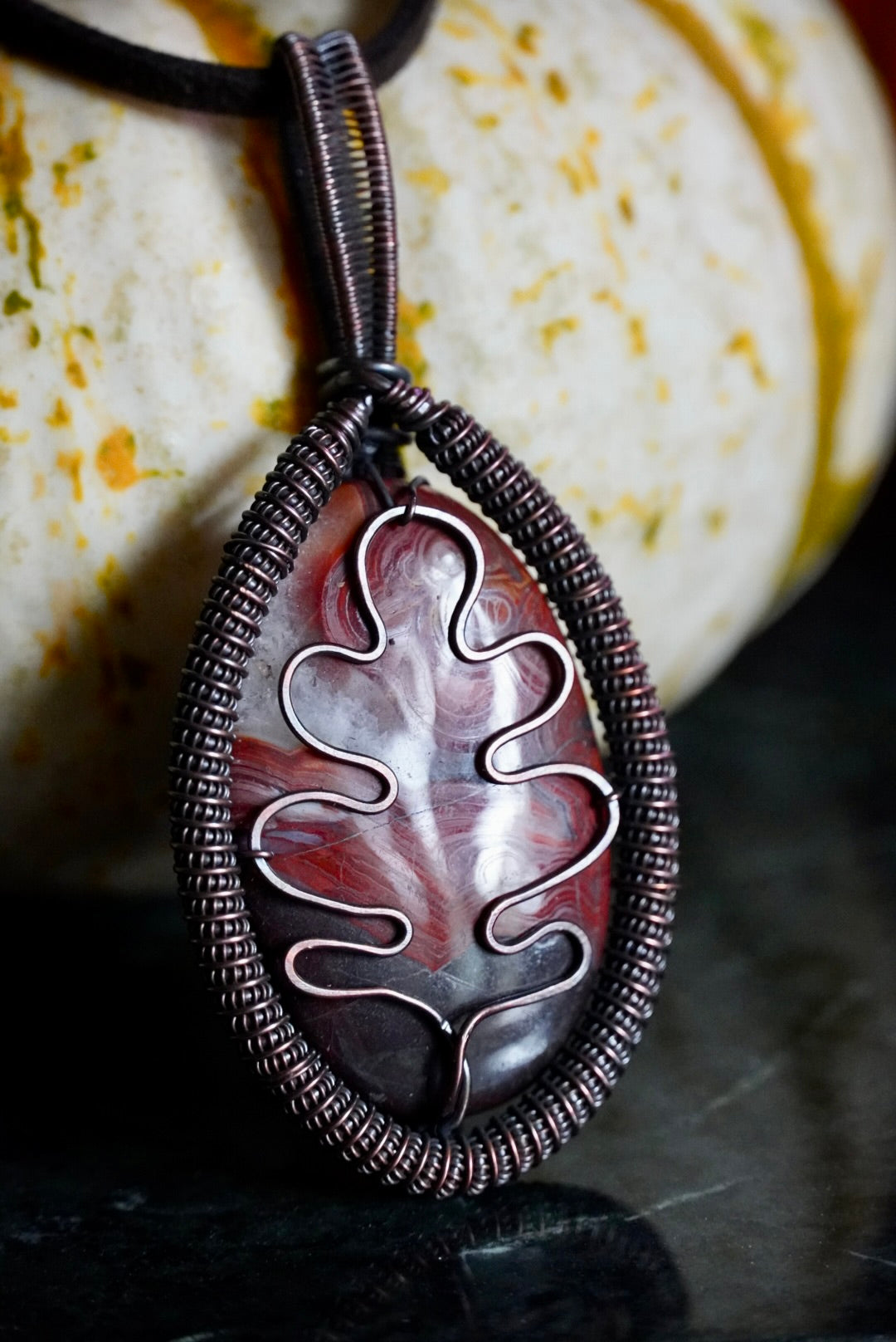 Crazy Lace Agate Oak Leaf Pendant