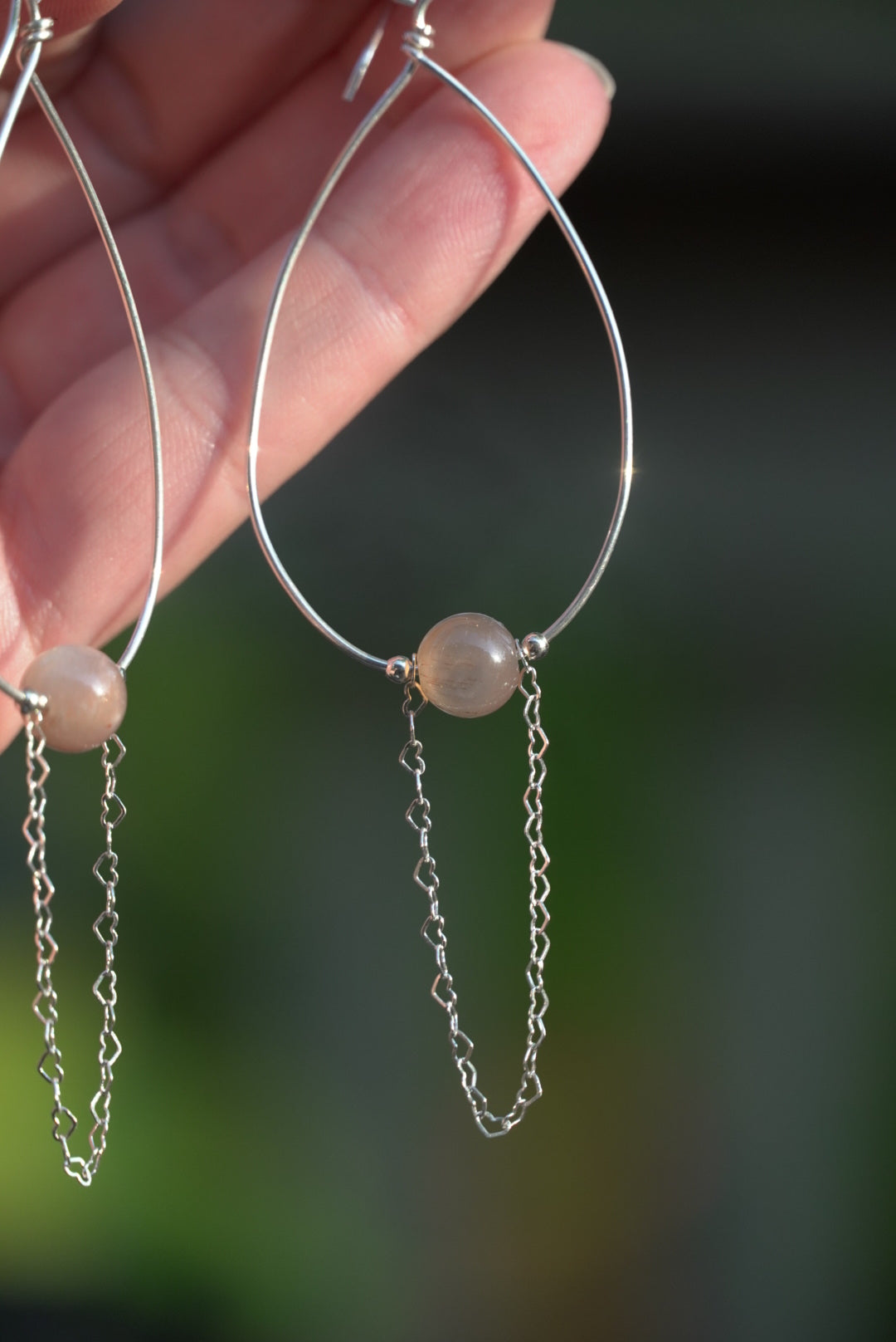 Heart Chain Peach Moonstone Earrings in Sterling Silver