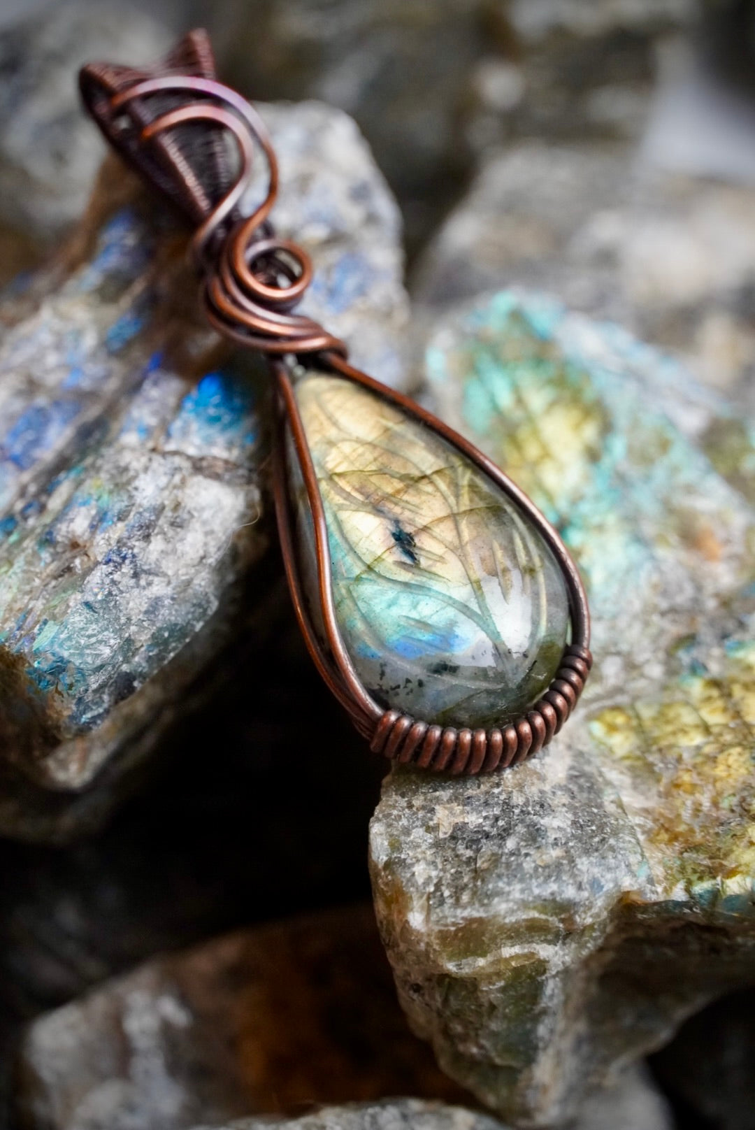 Carved Labradorite Copper Pendant