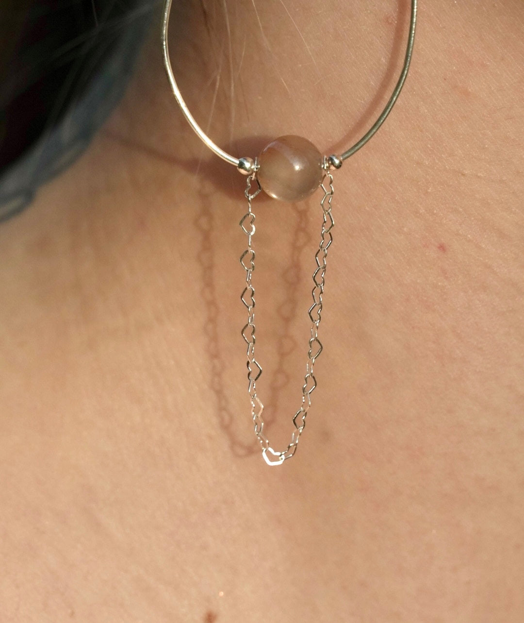 Heart Chain Peach Moonstone Earrings in Sterling Silver