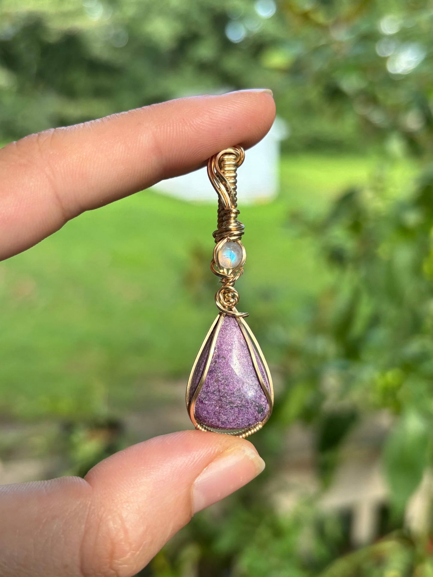 Purple Stichtite & Rainbow Moonstone 14k GF Pendant