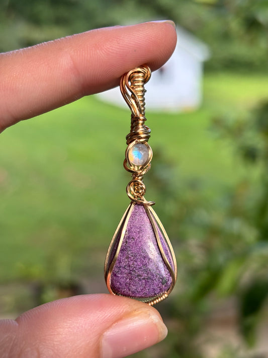 Purple Stichtite & Rainbow Moonstone 14k GF Pendant