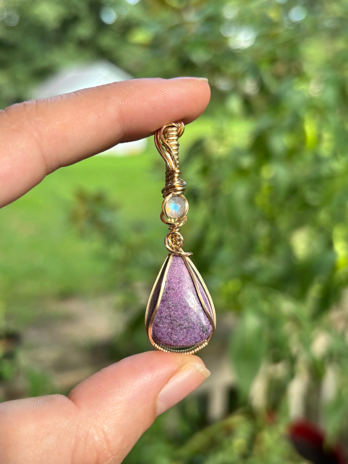 Purple Stichtite & Rainbow Moonstone 14k GF Pendant