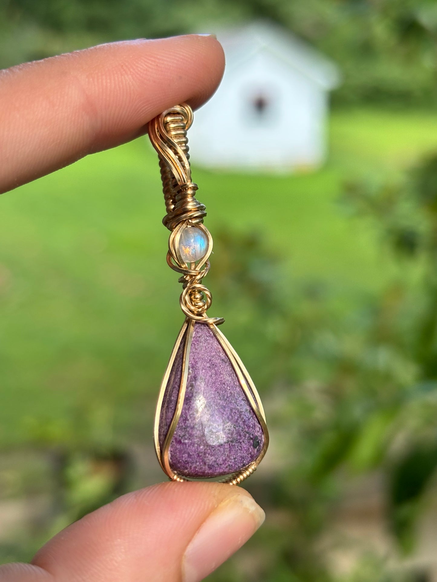 Purple Stichtite & Rainbow Moonstone 14k GF Pendant