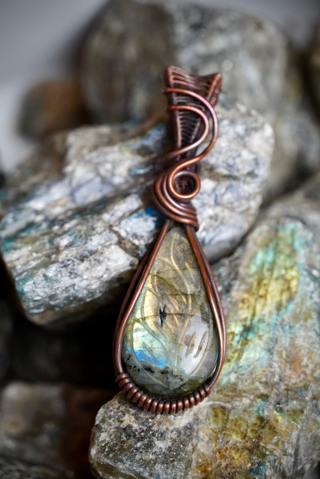 Carved Labradorite Copper Pendant