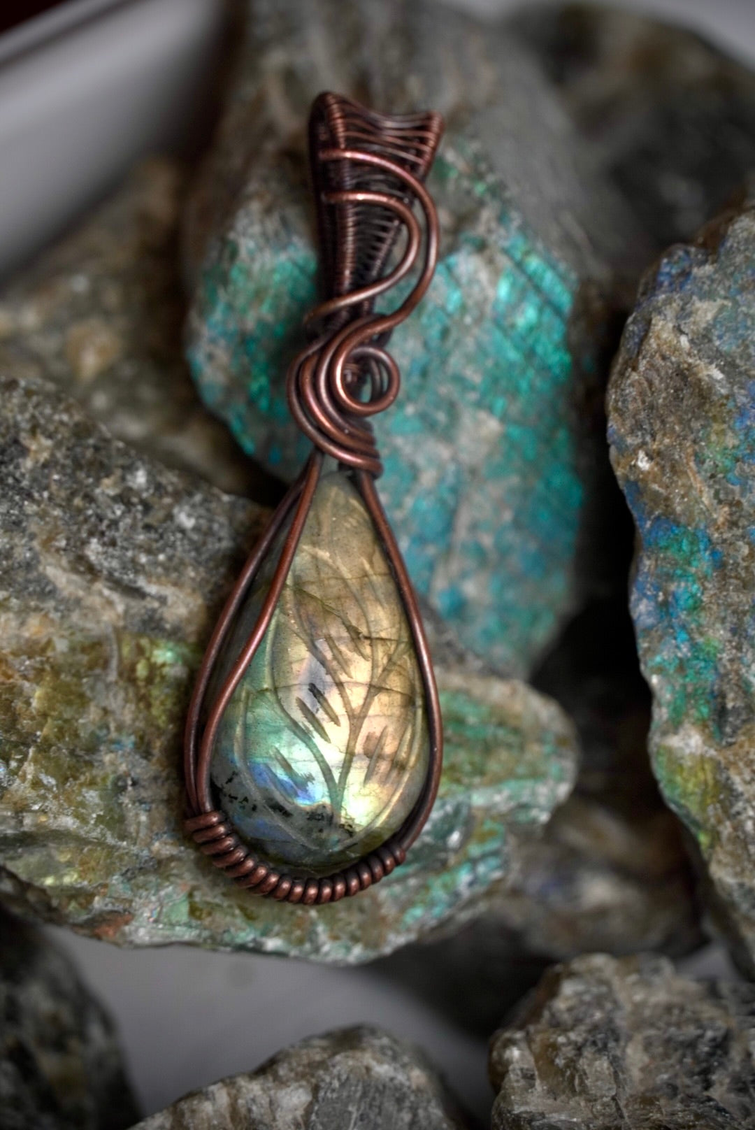 Carved Labradorite Copper Pendant