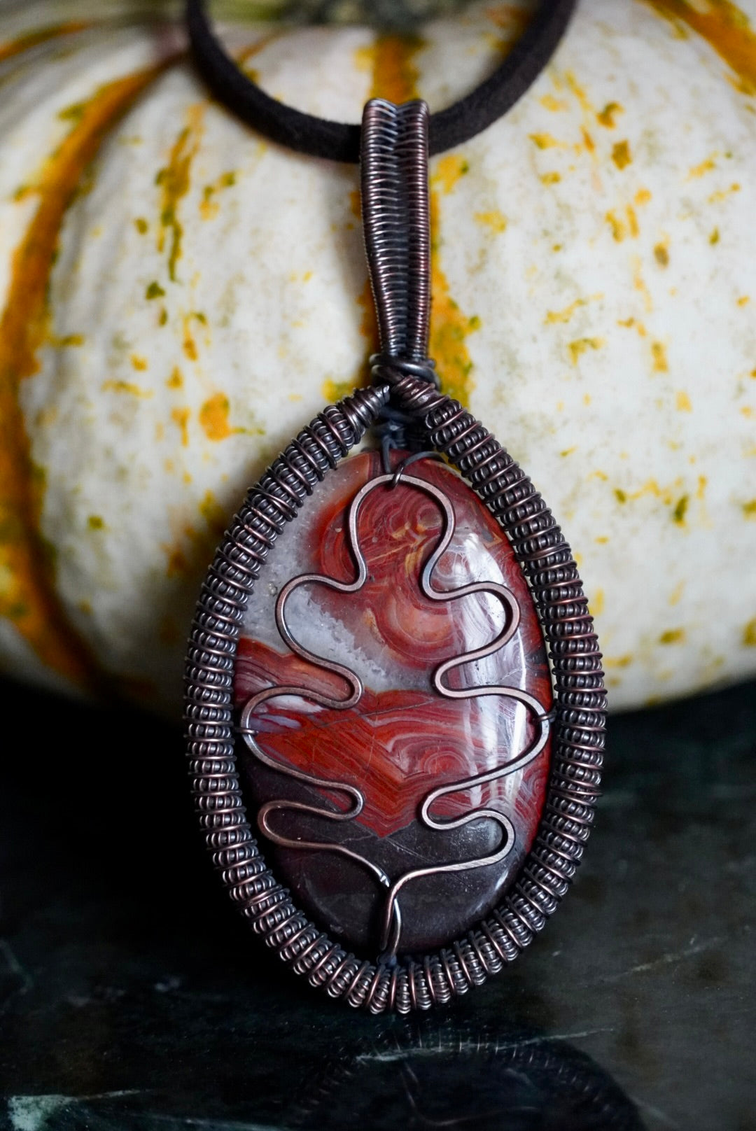 Crazy Lace Agate Oak Leaf Pendant