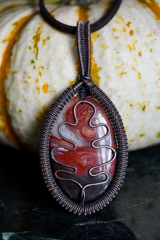 Crazy Lace Agate Oak Leaf Pendant