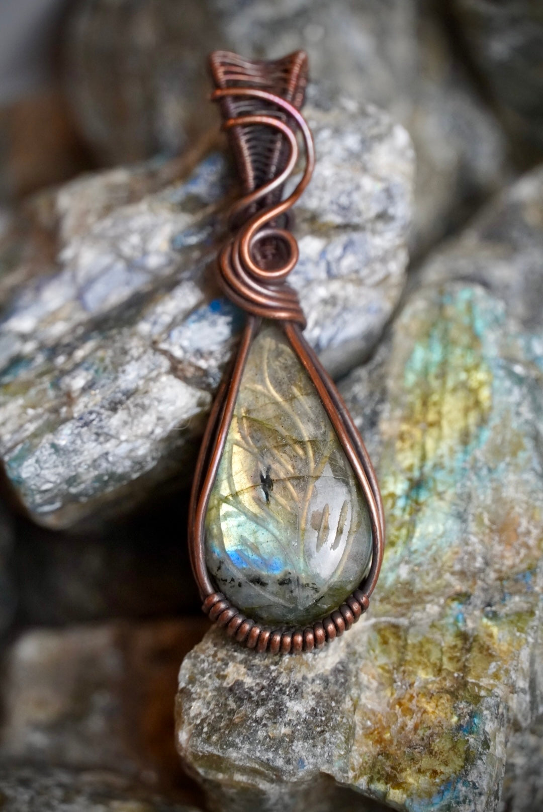 Carved Labradorite Copper Pendant