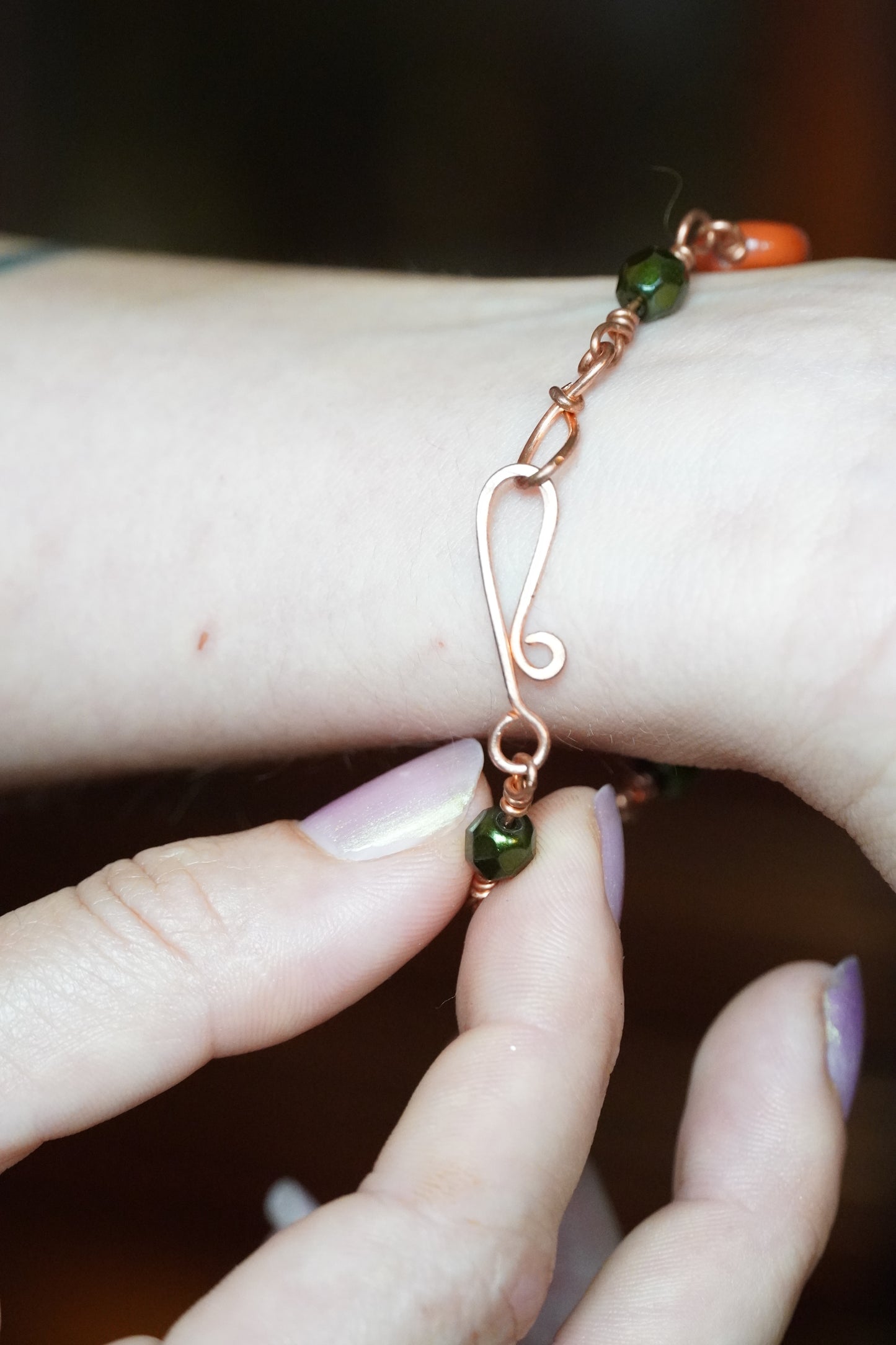 Red Jasper & Green Glass Bead Copper Bracelet