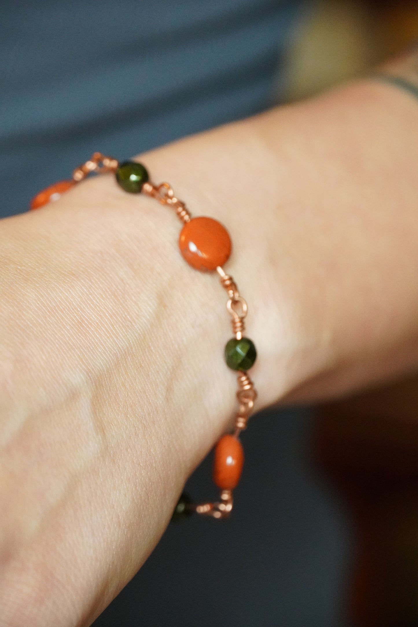 Red Jasper & Green Glass Bead Copper Bracelet