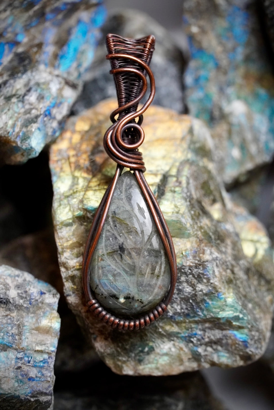 Carved Labradorite Copper Pendant