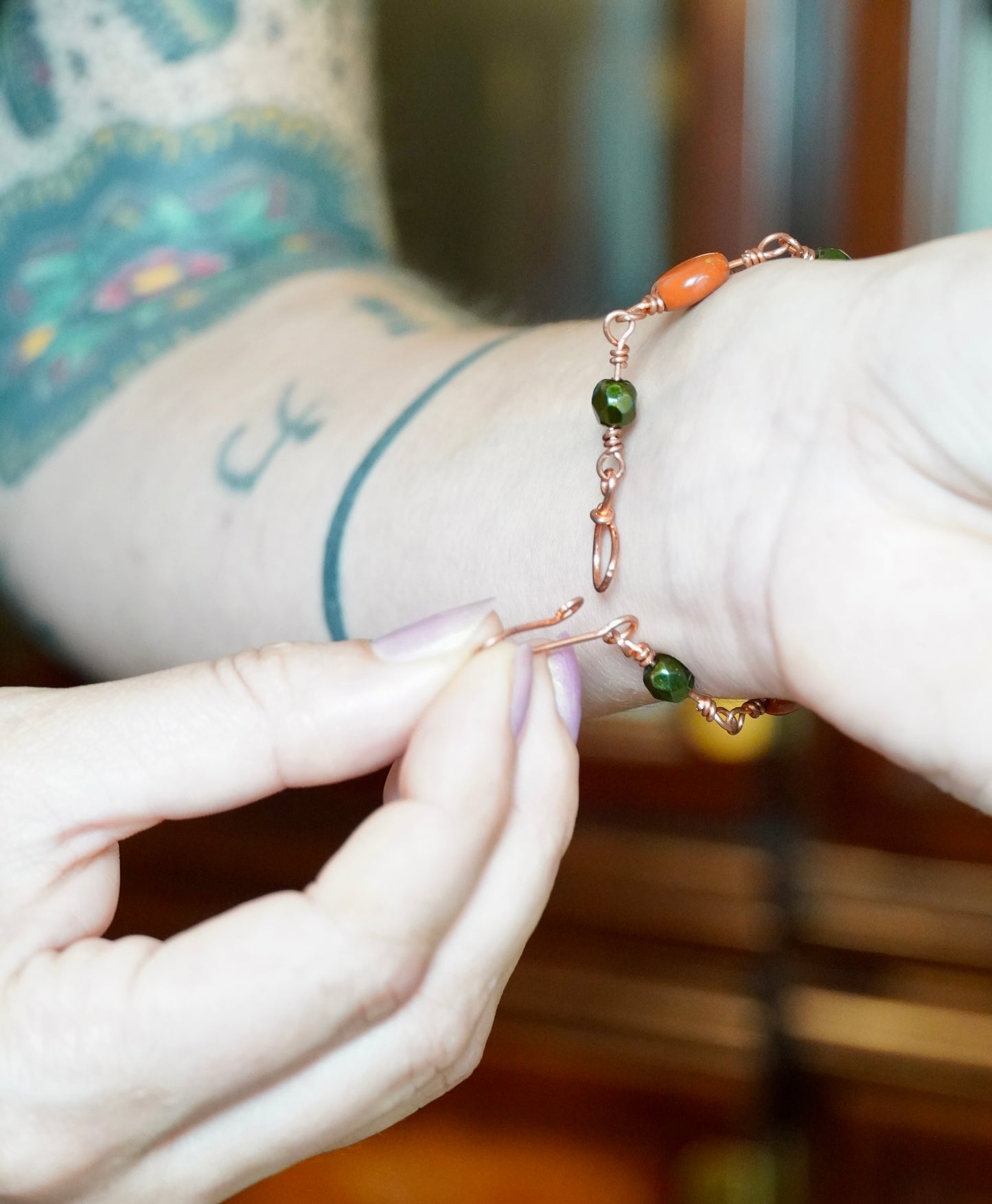 Red Jasper & Green Glass Bead Copper Bracelet
