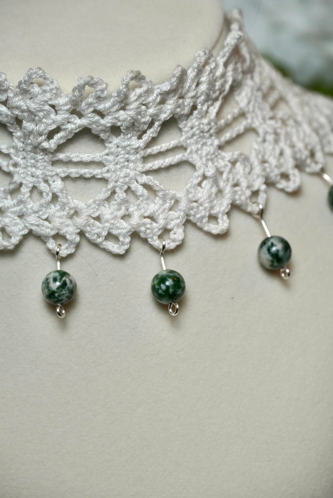 White Siren Lace Crochet Choker with Tree Agate Crystals