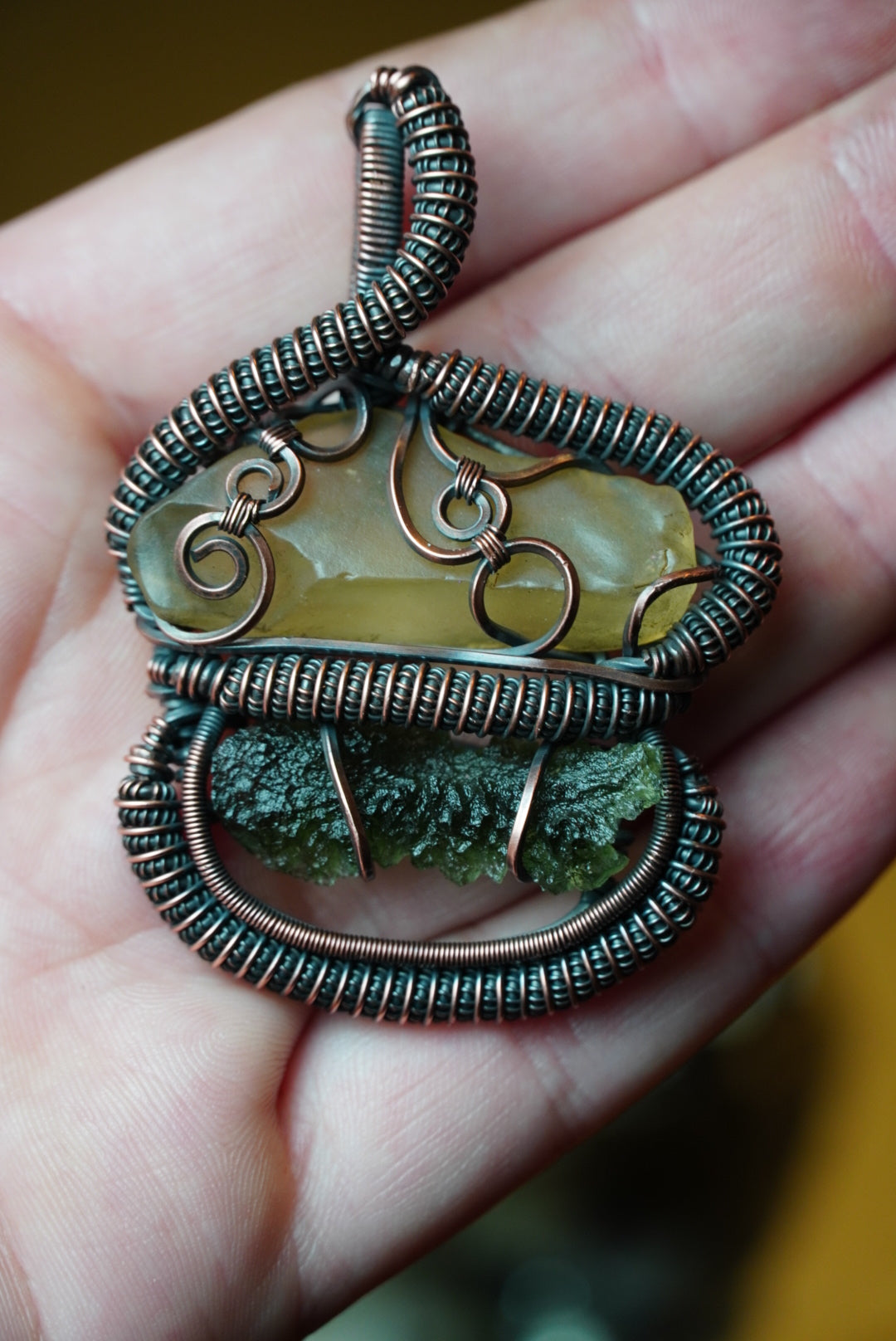 Moldavite & Libyan Desert Glass Pendant in Oxidized Copper