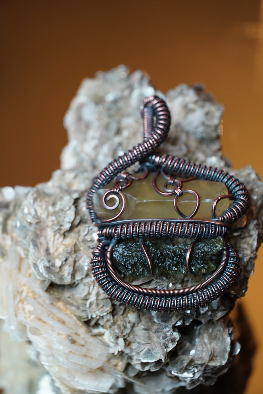 Moldavite & Libyan Desert Glass Pendant in Oxidized Copper