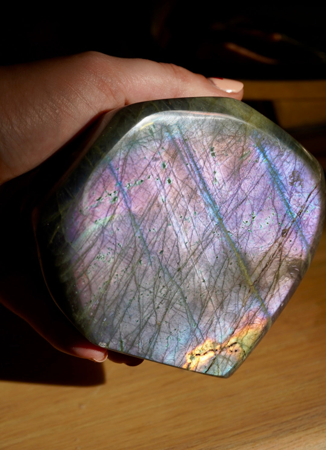 Large Purple Labradorite Crystal Freeform, a stunning display of colors and natural beauty – perfect for enhancing spiritual energy in your space