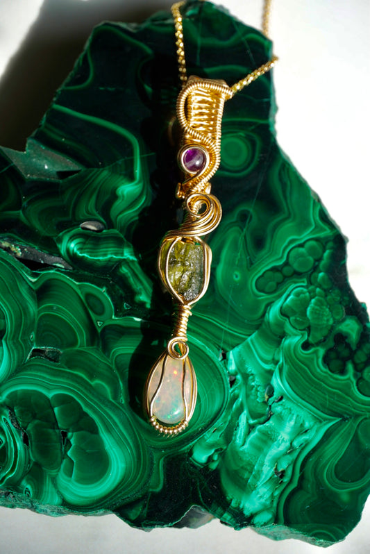 RARE Moldavite, Amethyst & Ethiopian Honey Comb Opal in 14k Gold Filled