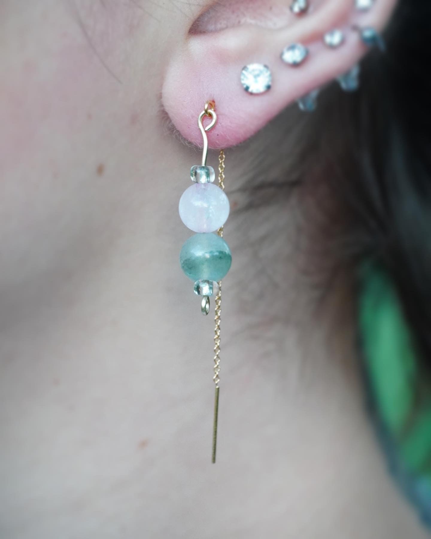 14k Yellow Gold Filled Labradorite & Rose Quartz Threader Earrings
