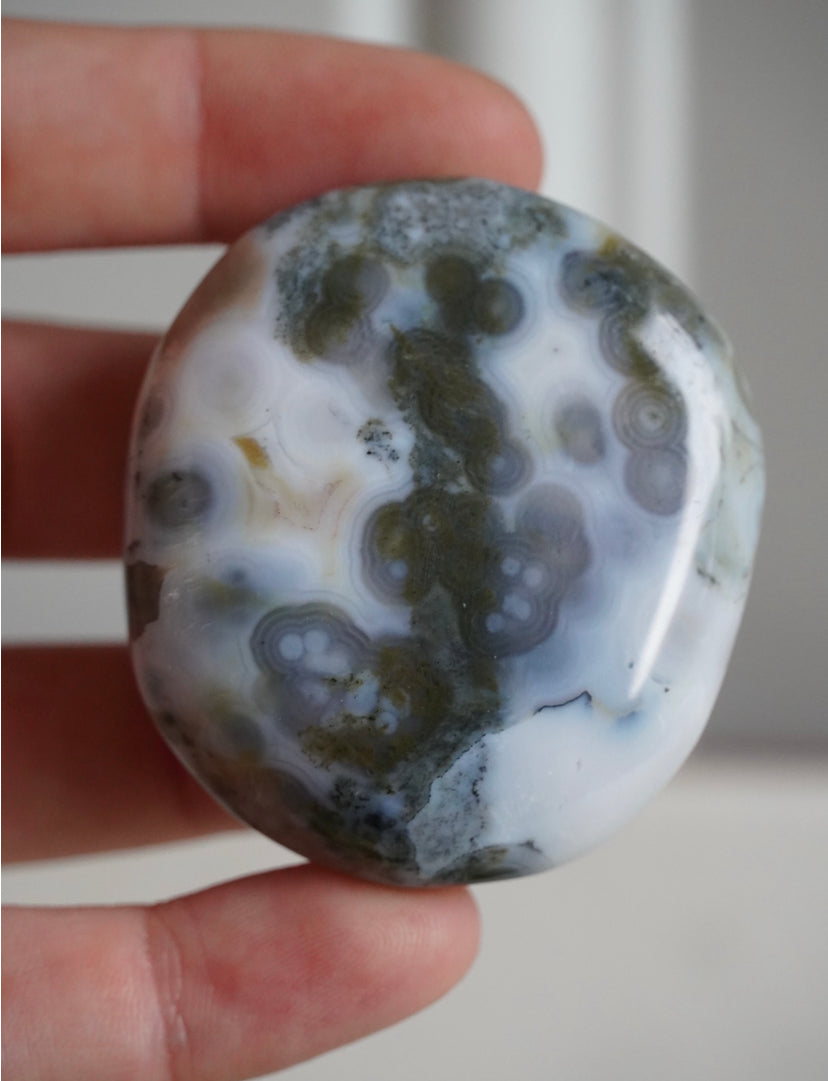 8th vein ocean jasper palm stone with white background and grey/brown orbing 