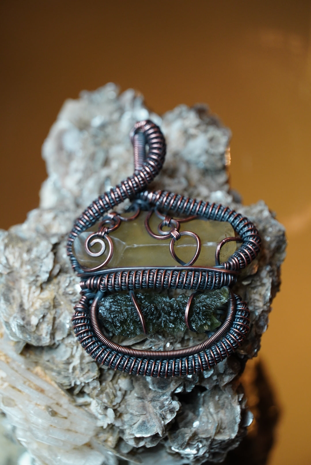 Moldavite & Libyan Desert Glass Pendant in Oxidized Copper