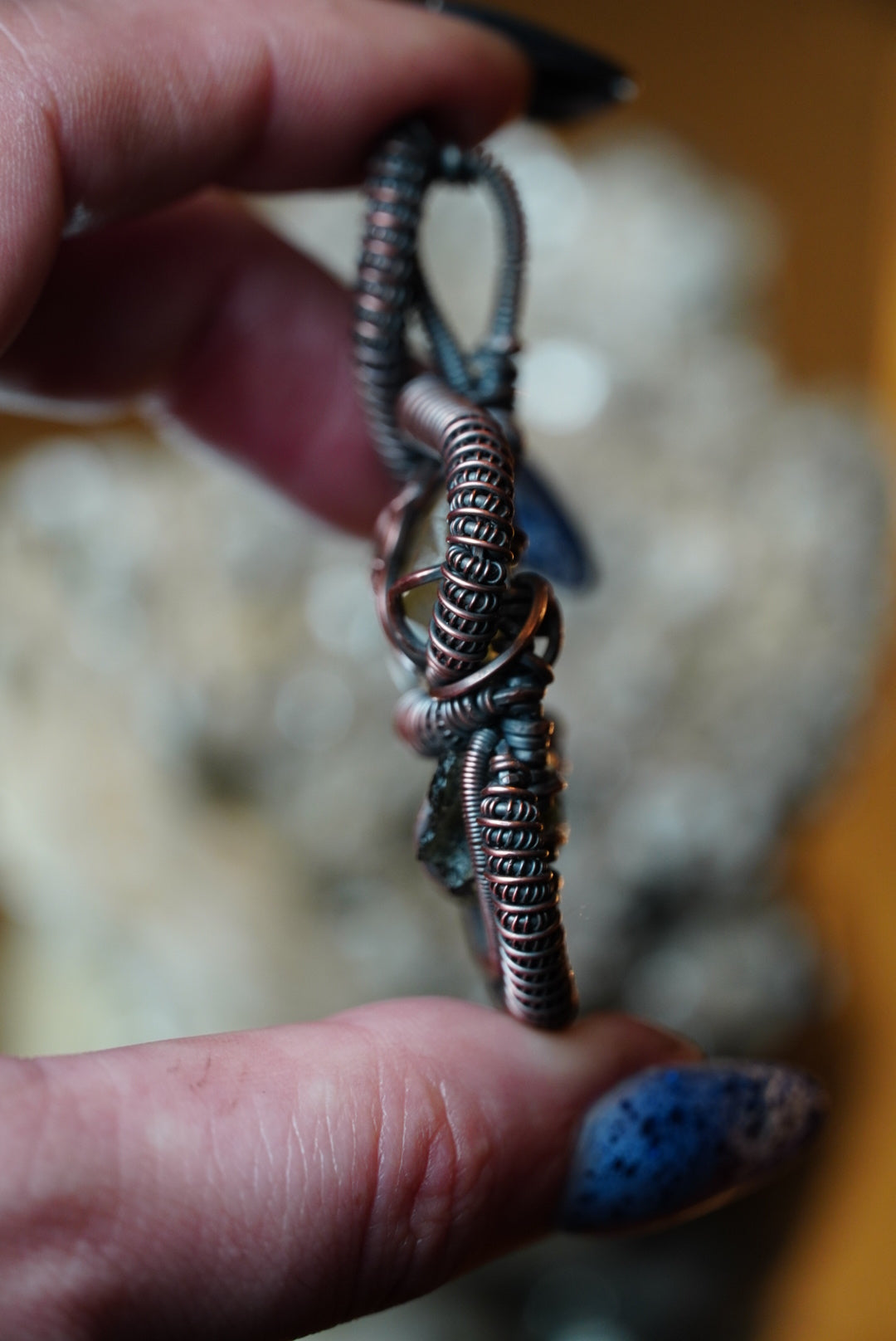 Moldavite & Libyan Desert Glass Pendant in Oxidized Copper