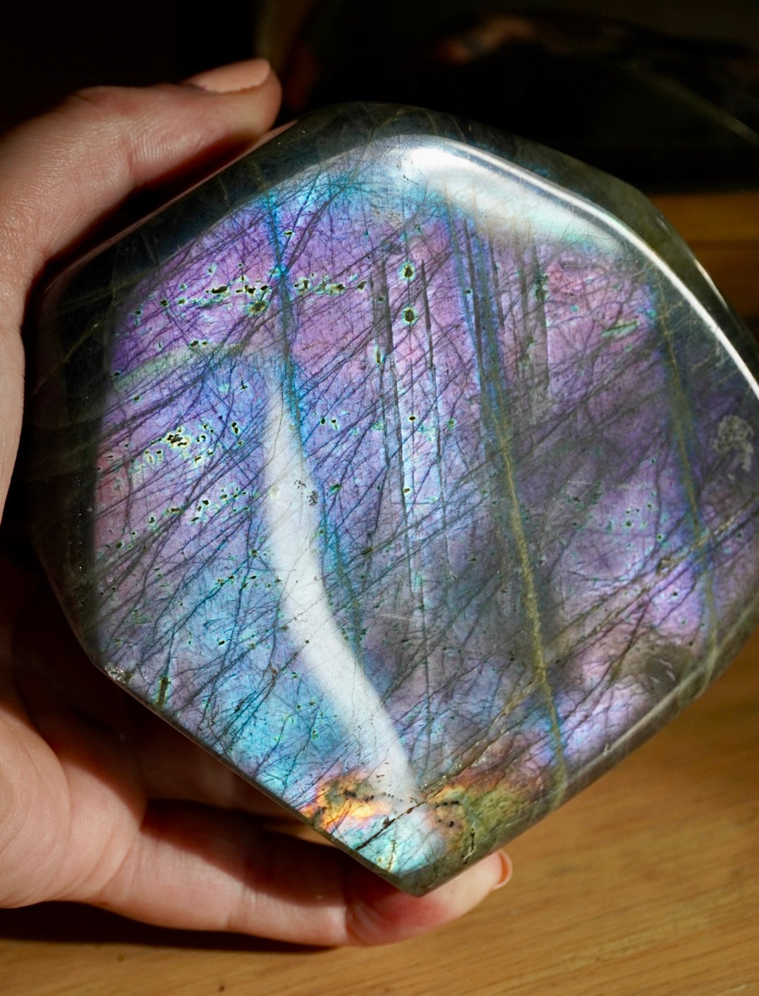 Large Purple Labradorite Crystal Freeform, a stunning display of colors and natural beauty – perfect for enhancing spiritual energy in your space great for crystal collectors 