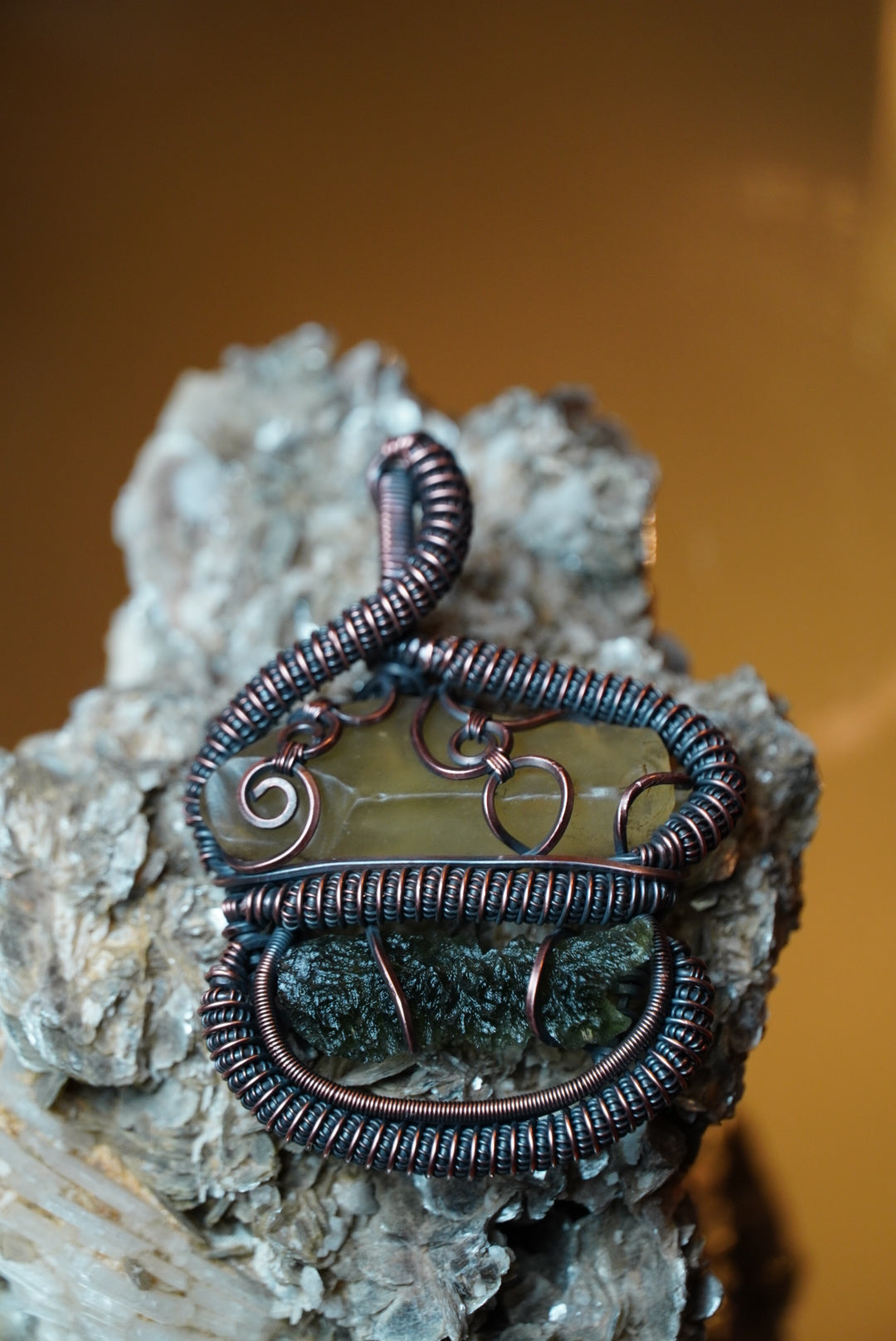 Moldavite & Libyan Desert Glass Pendant in Oxidized Copper