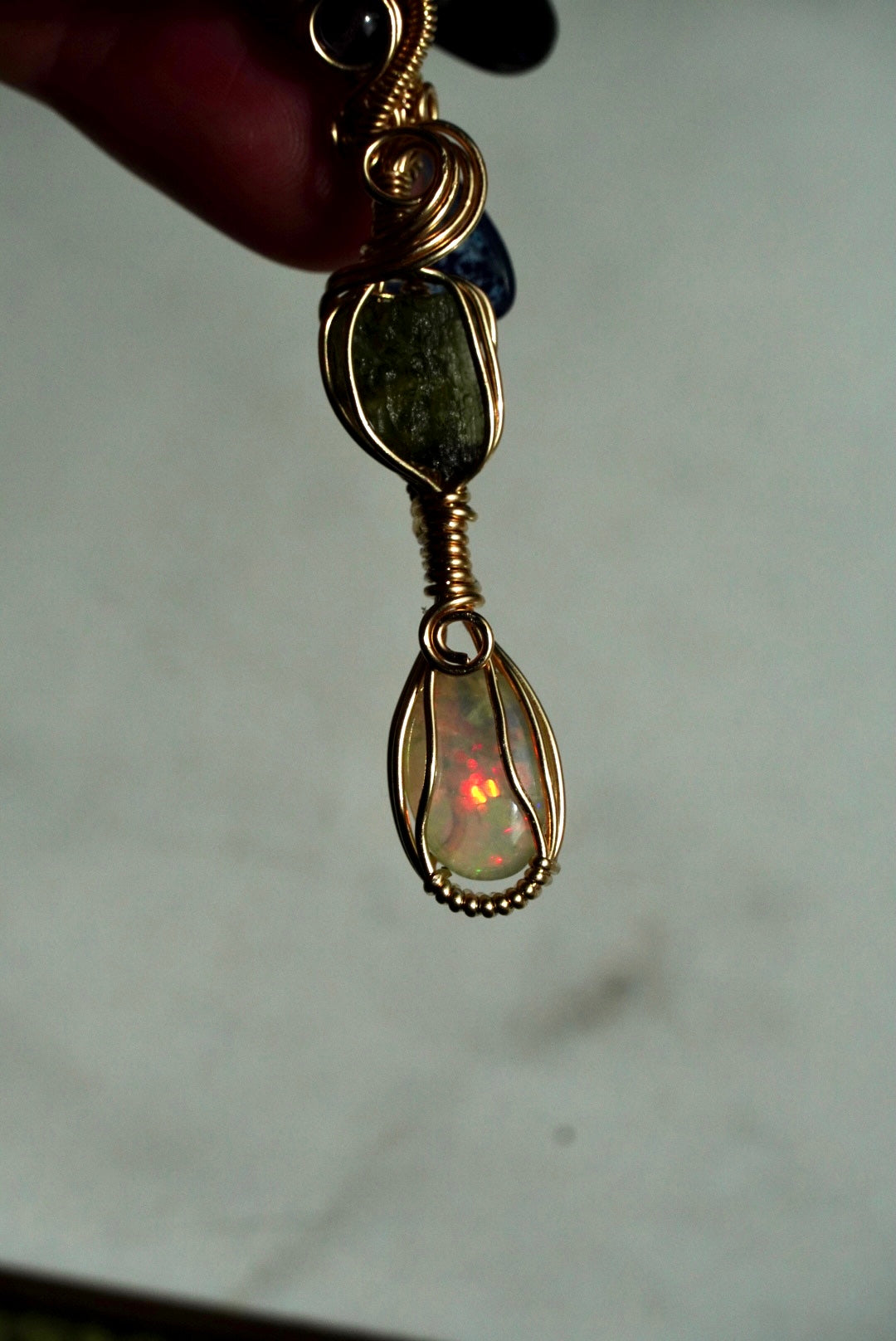 RARE Moldavite, Amethyst & Ethiopian Honey Comb Opal in 14k Gold Filled