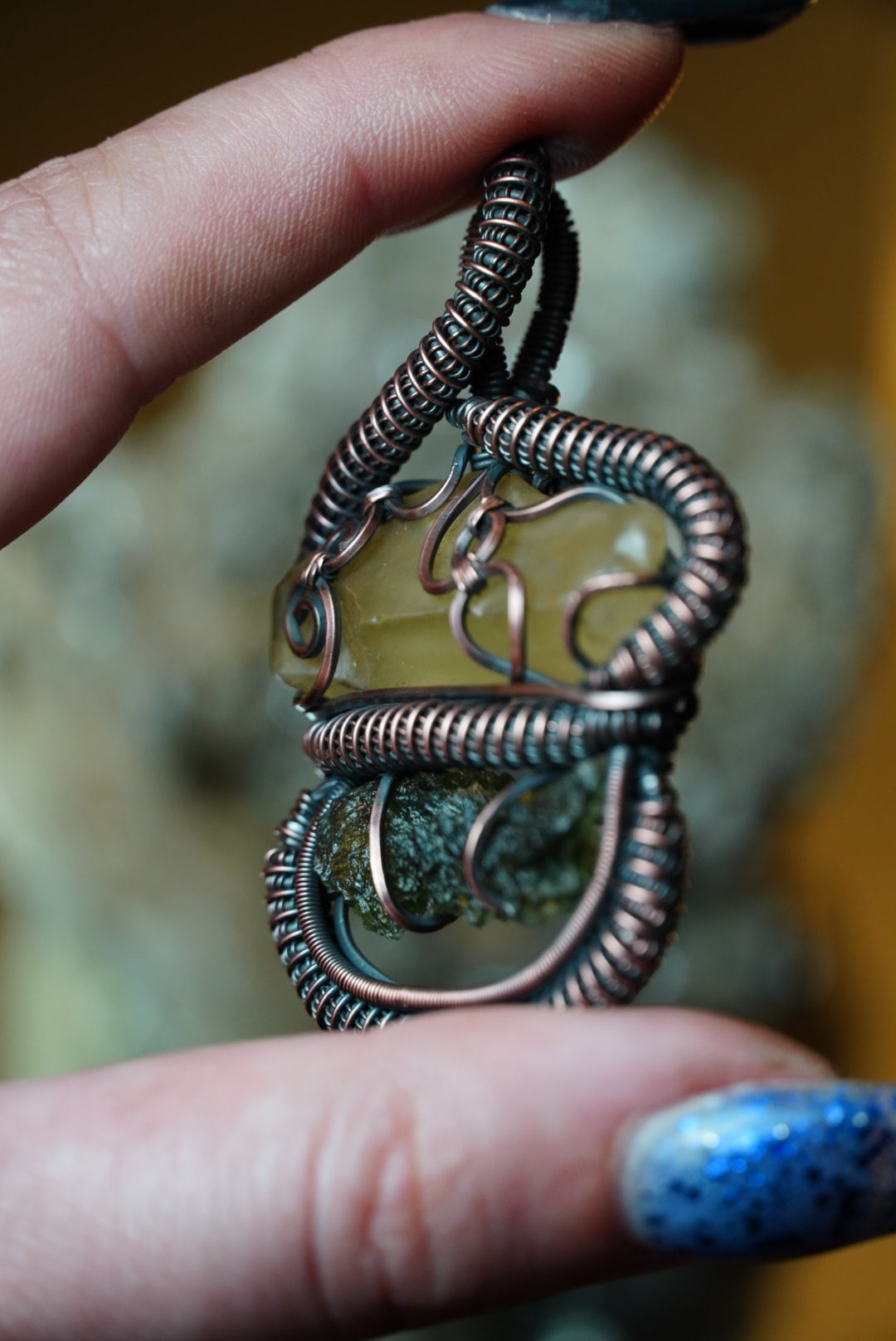 Moldavite & Libyan Desert Glass Pendant in Oxidized Copper