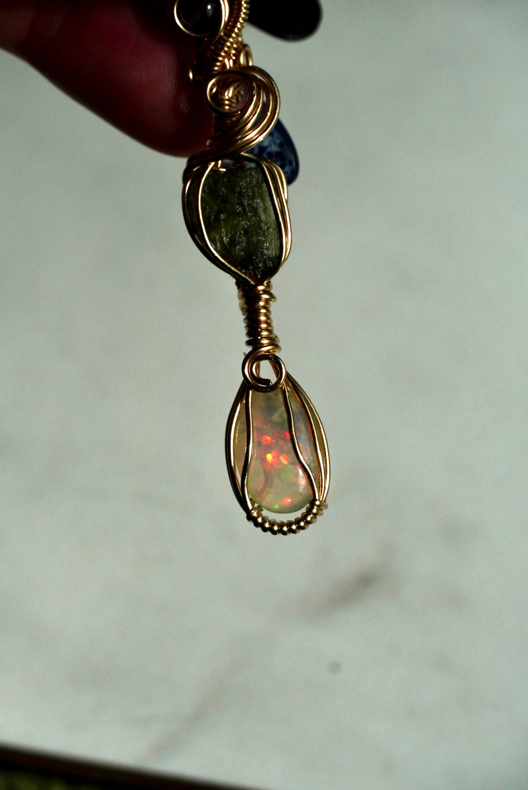 RARE Moldavite, Amethyst & Ethiopian Honey Comb Opal in 14k Gold Filled
