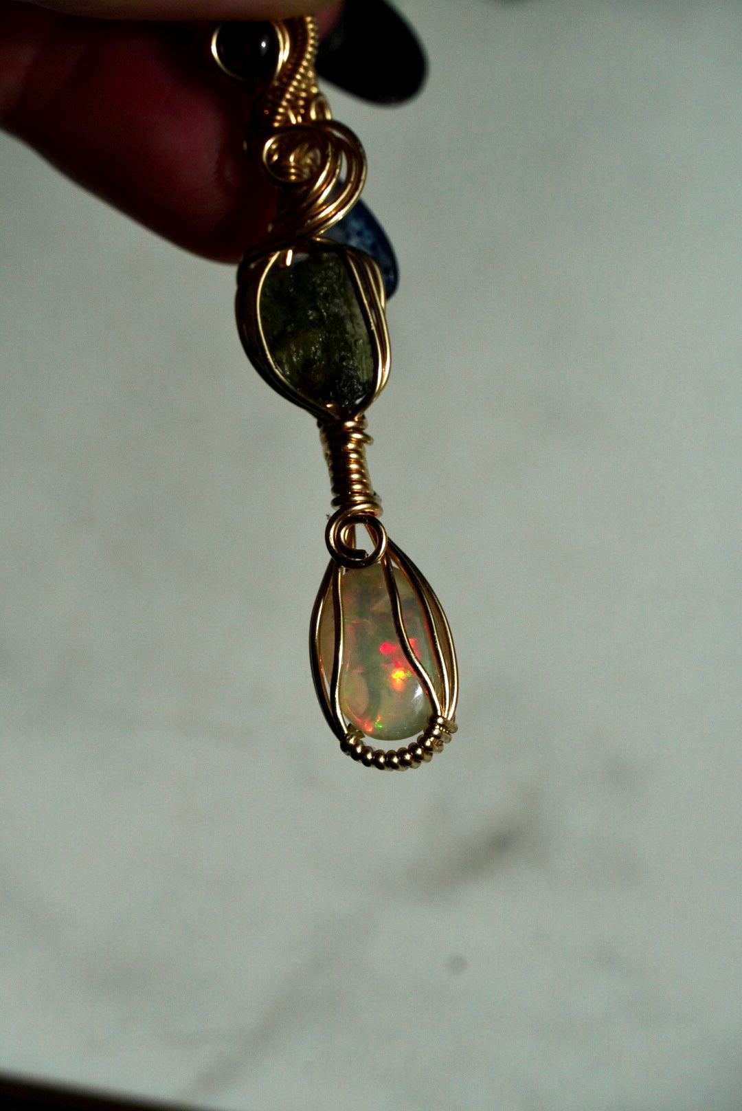 RARE Moldavite, Amethyst & Ethiopian Honey Comb Opal in 14k Gold Filled